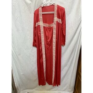 Peignoir Lingerie Set Red Embroidered Nightgown Robe Set No Label Vintage